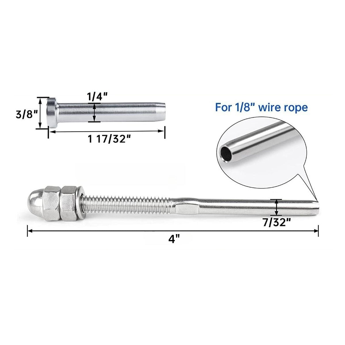 SteelX CC006 1/8" Cable Hardware Kit - Threaded Terminal Stud End and Fixed End