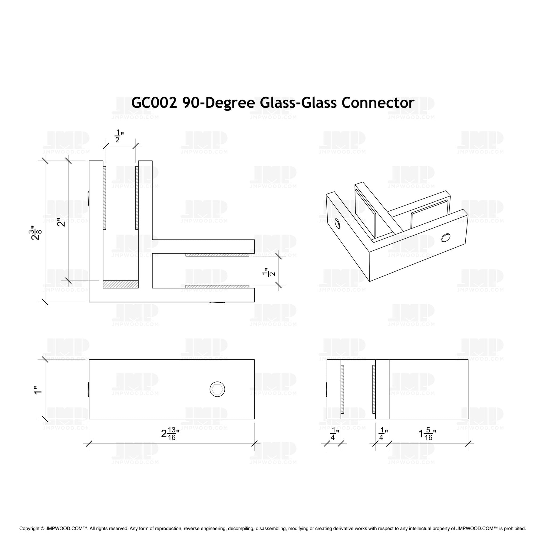 GlassX GC002 Stainless Steel Glass Connector - 90 Degree Glass to Glass