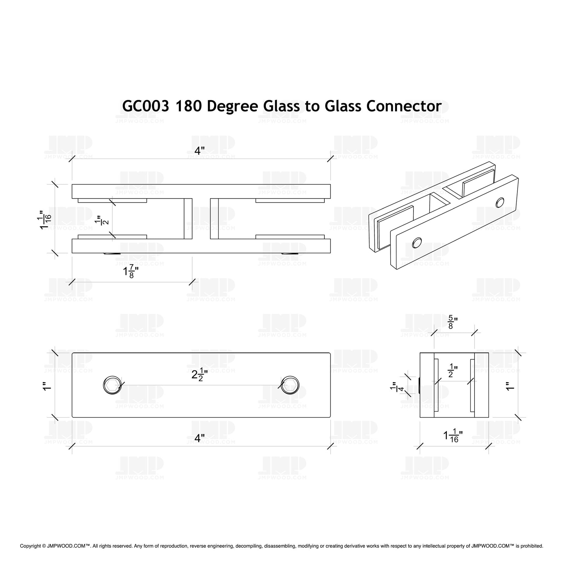 GlassX GC003 Stainless Steel Glass Connector - 180 Degree Glass to Glass