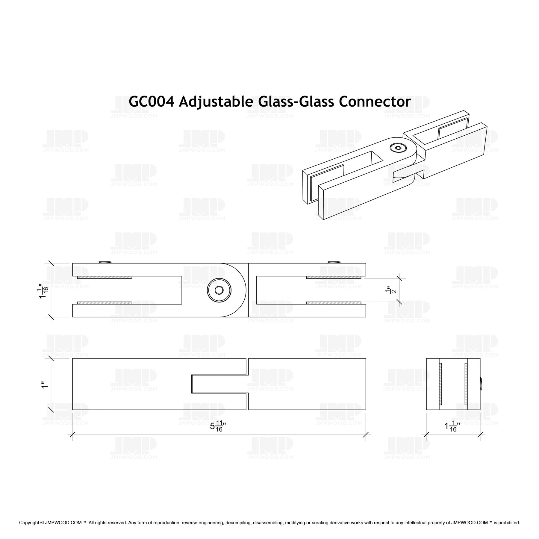 GlassX GC004 Stainless Steel Glass Connector - Adjustable Glass to Glass