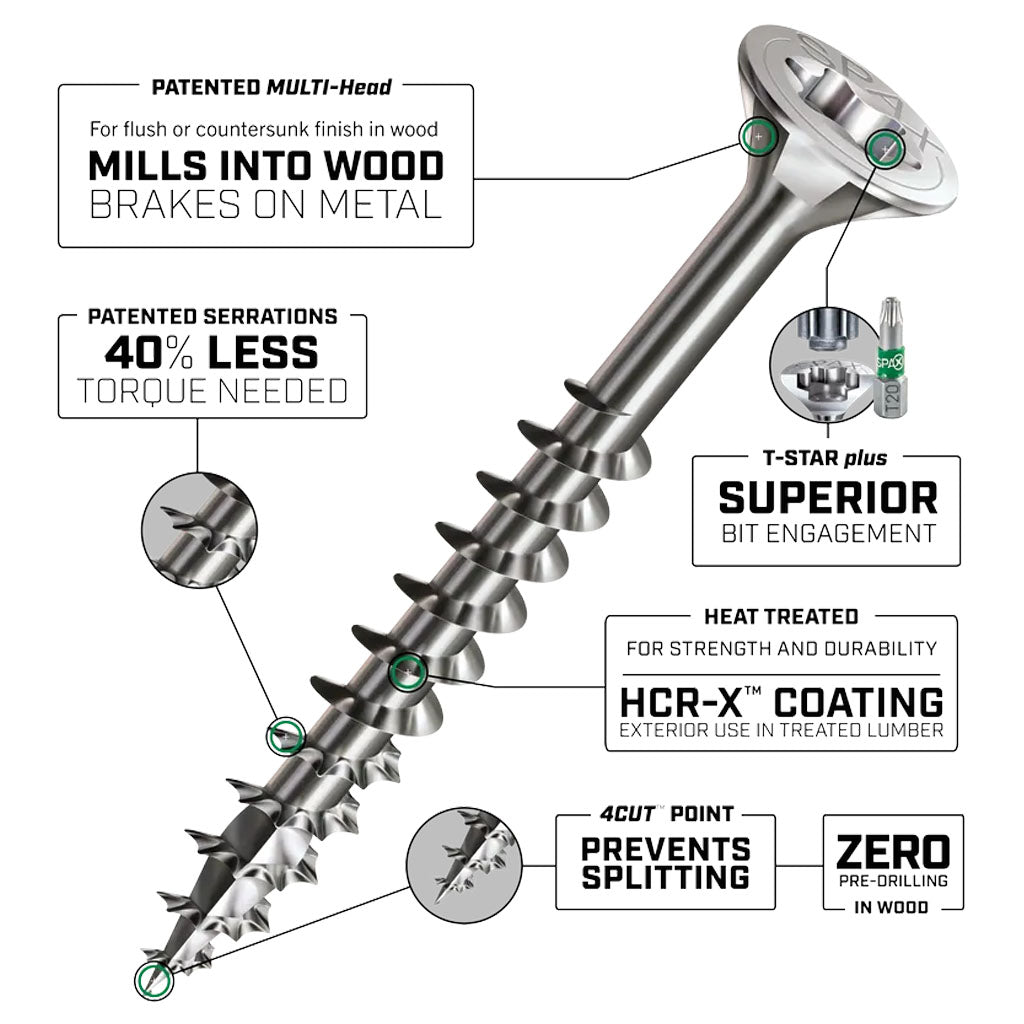 SPAX Exterior Multi-Material T-Star Plus Wood Screws - Flat Head, Partial Thread, HCR-X Coating