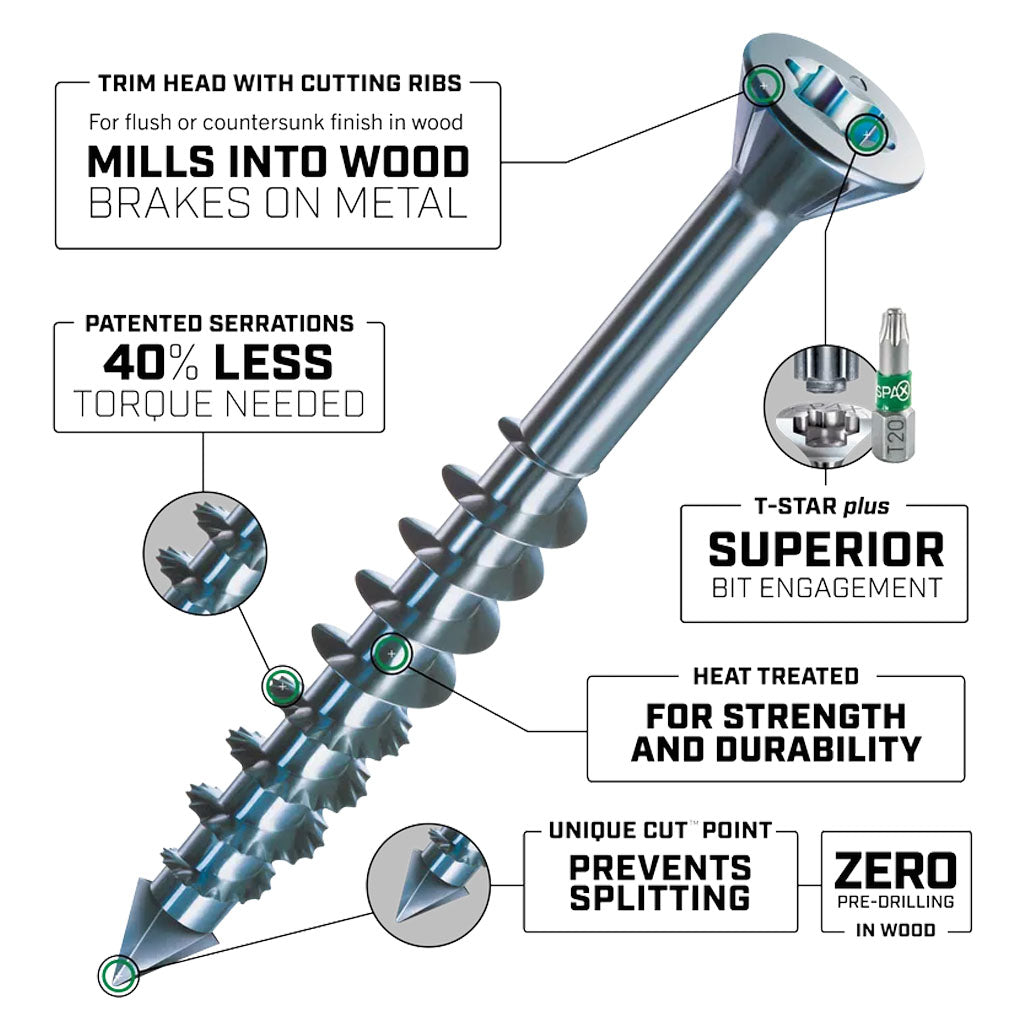 SPAX MDF/Hardwood T-Star Plus Trim Head Screws - CUT-Point, Partial Thread, Zinc