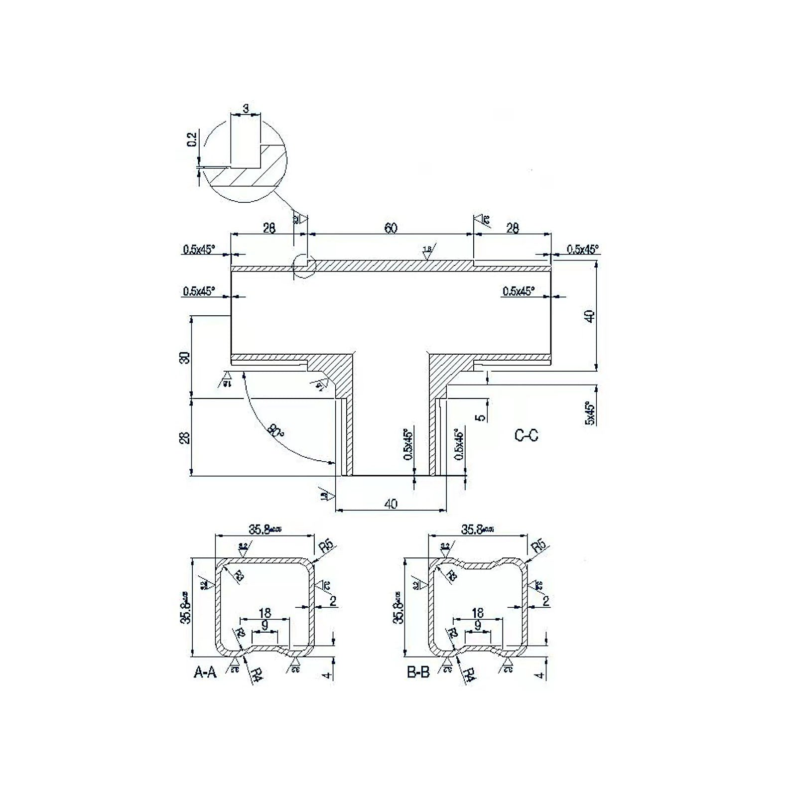 STLX-TC002 T Triple Connector Square 40x40mm