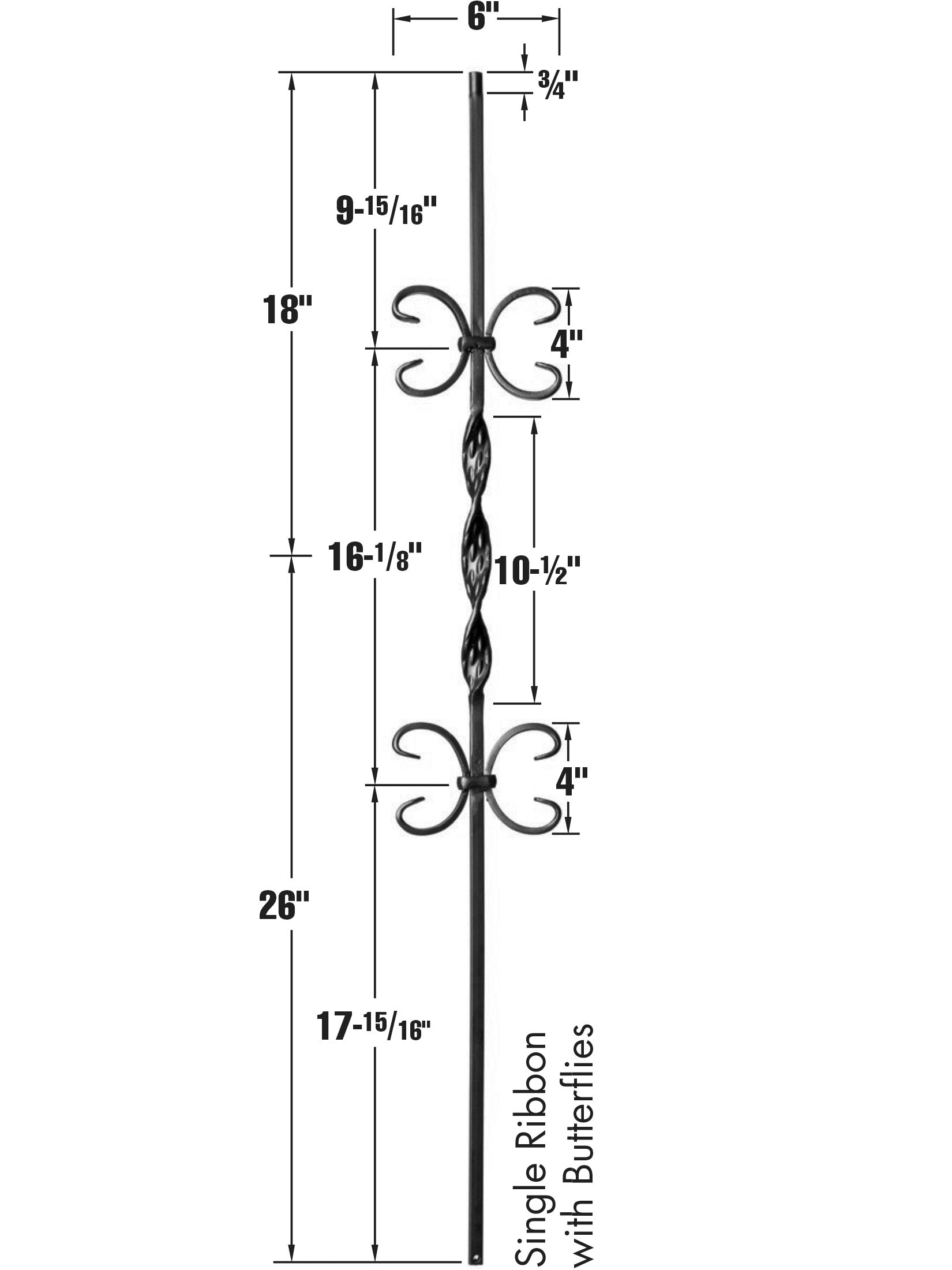 Iron Baluster 9015 - 1/2" Square - Single Ribbon w/ Butterflies