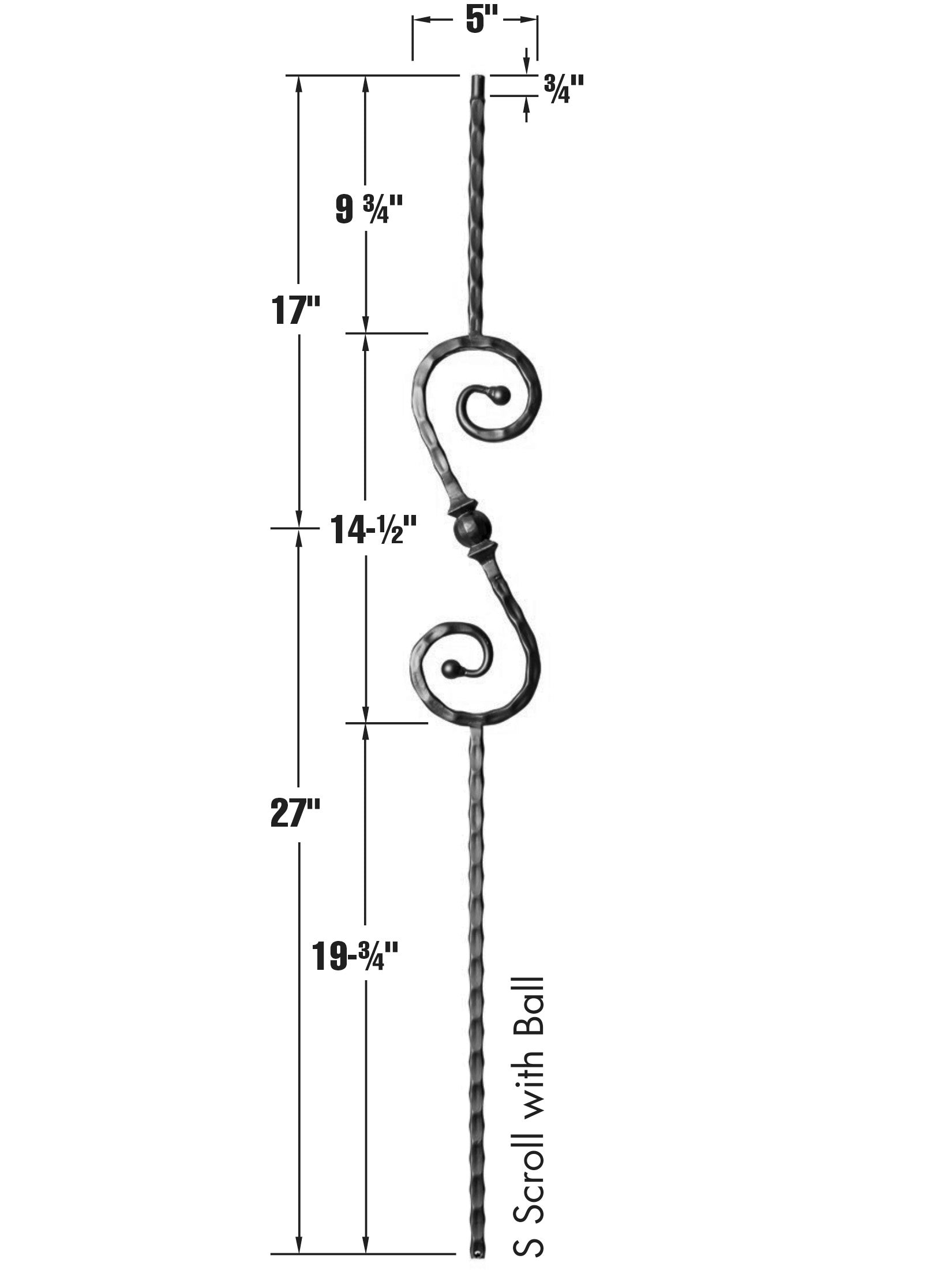 Iron Baluster 9034 - 9/16" Hammered Face - S Scroll With Ball