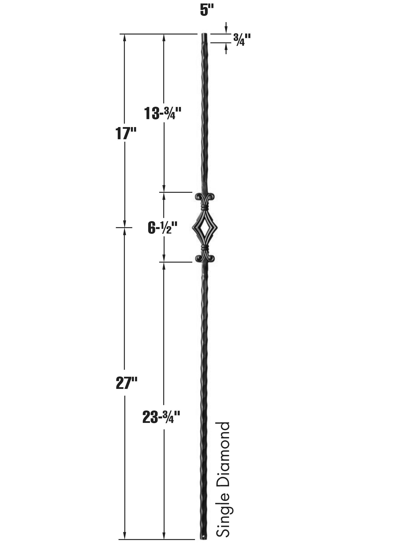 Iron Baluster 9040 - 9/16" Hammered Face - Single Diamond