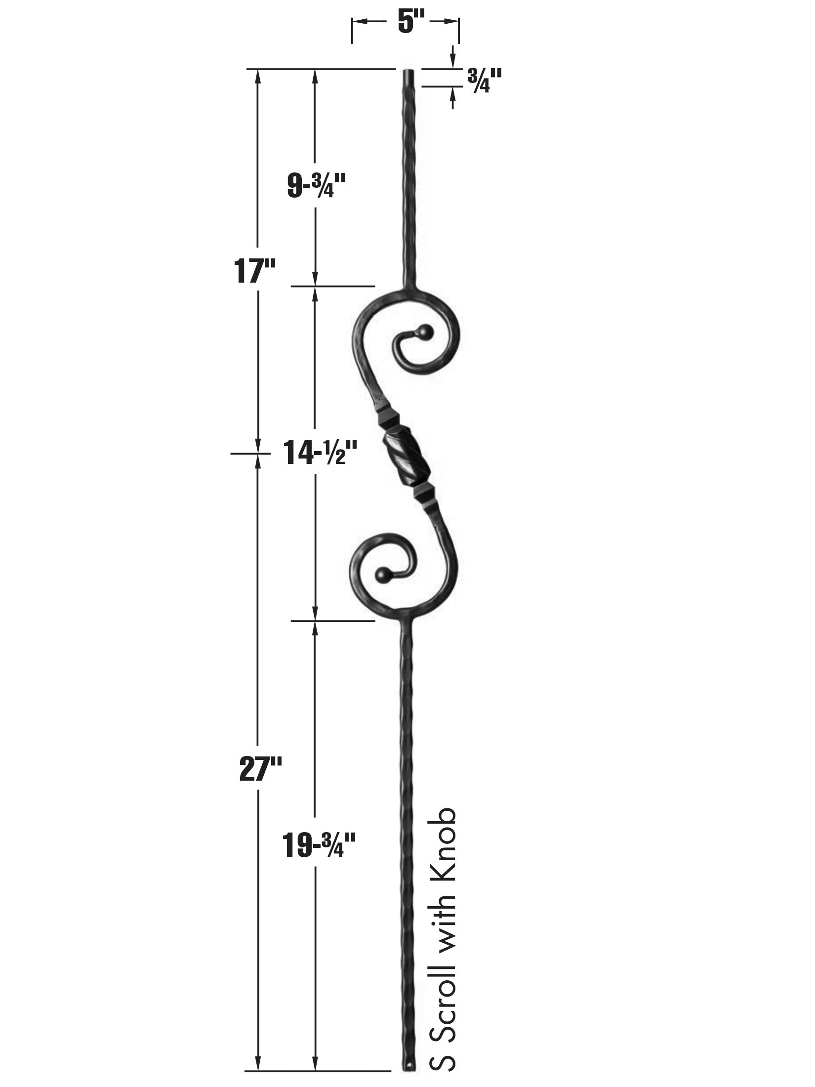 Iron Baluster 9047 - 9/16" Hammered Face - S Scroll With Knob