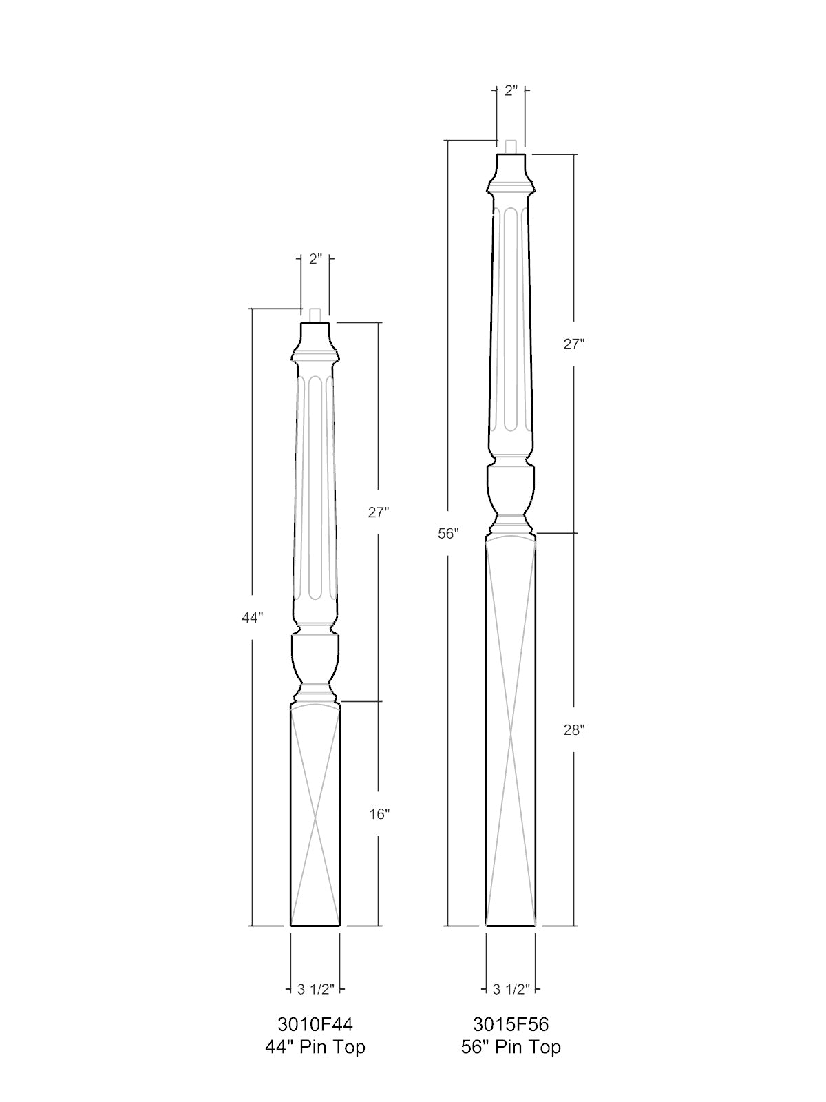 Stockbridge 3010F-PT Series Pin Top Newel Post - Fluted (3-1/2")