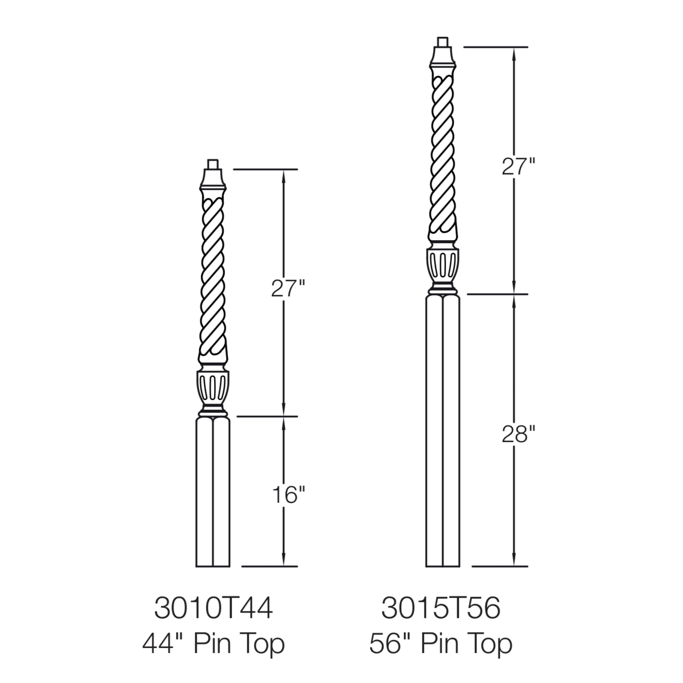 Stockbridge 3010T-PT Series Pin Top Newel Post - Twist (3-1/2")