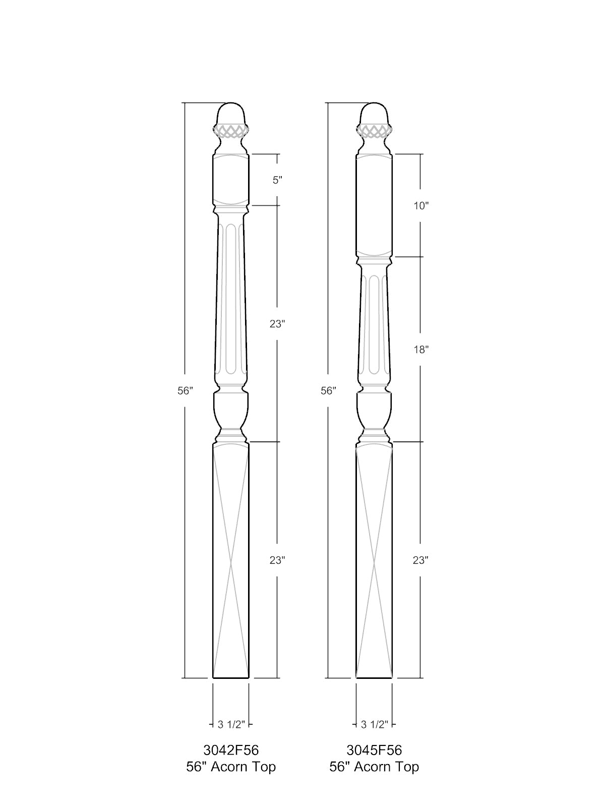 Stockbridge 3010F-AT Series Acorn Top Newel Post - Fluted (3-1/2")