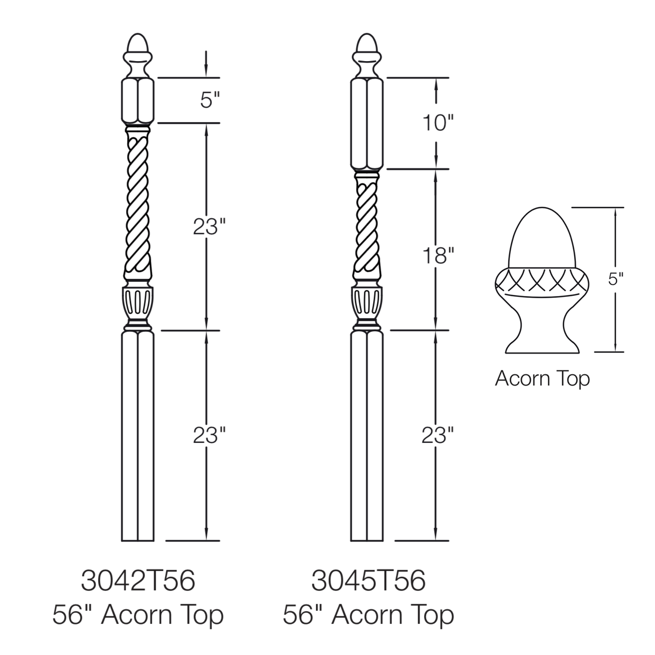 Stockbridge 3010T-AT Series Acorn Top Newel Post - Twist (3-1/2")