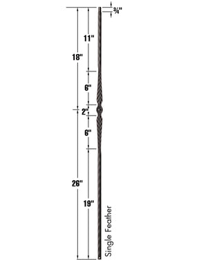 Iron Baluster 9021 - 9/16" Hammered Edge - Single Feather