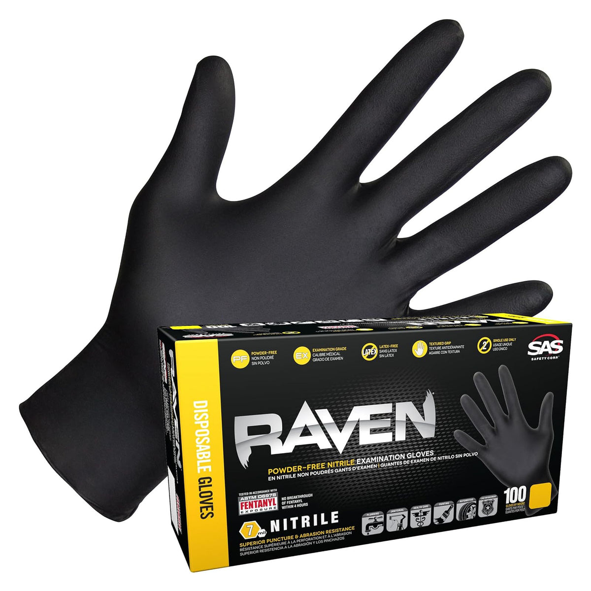Raven Powder-Free Nitrile 7-Mil Black Disposable Gloves (100