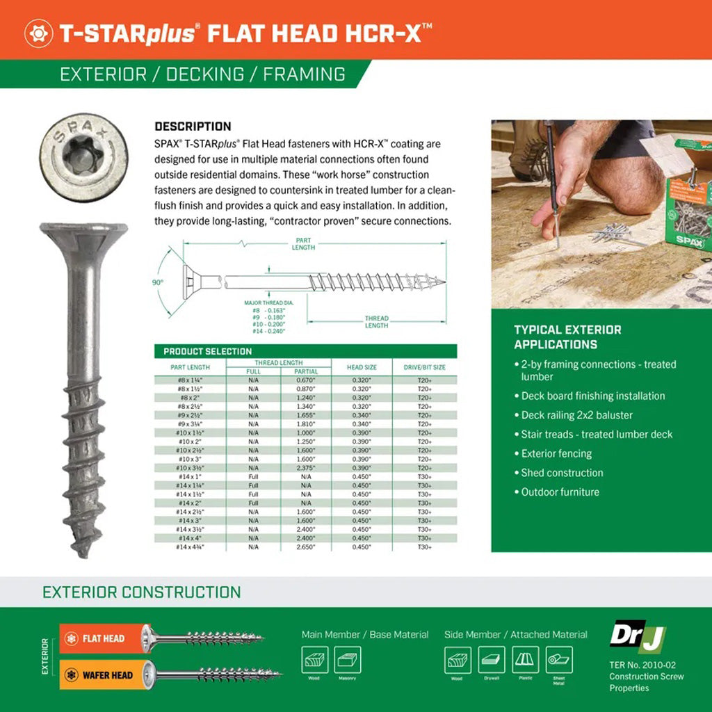 SPAX Exterior Multi-Material T-Star Plus Wood Screws - Flat Head, Partial Thread, HCR-X Coating