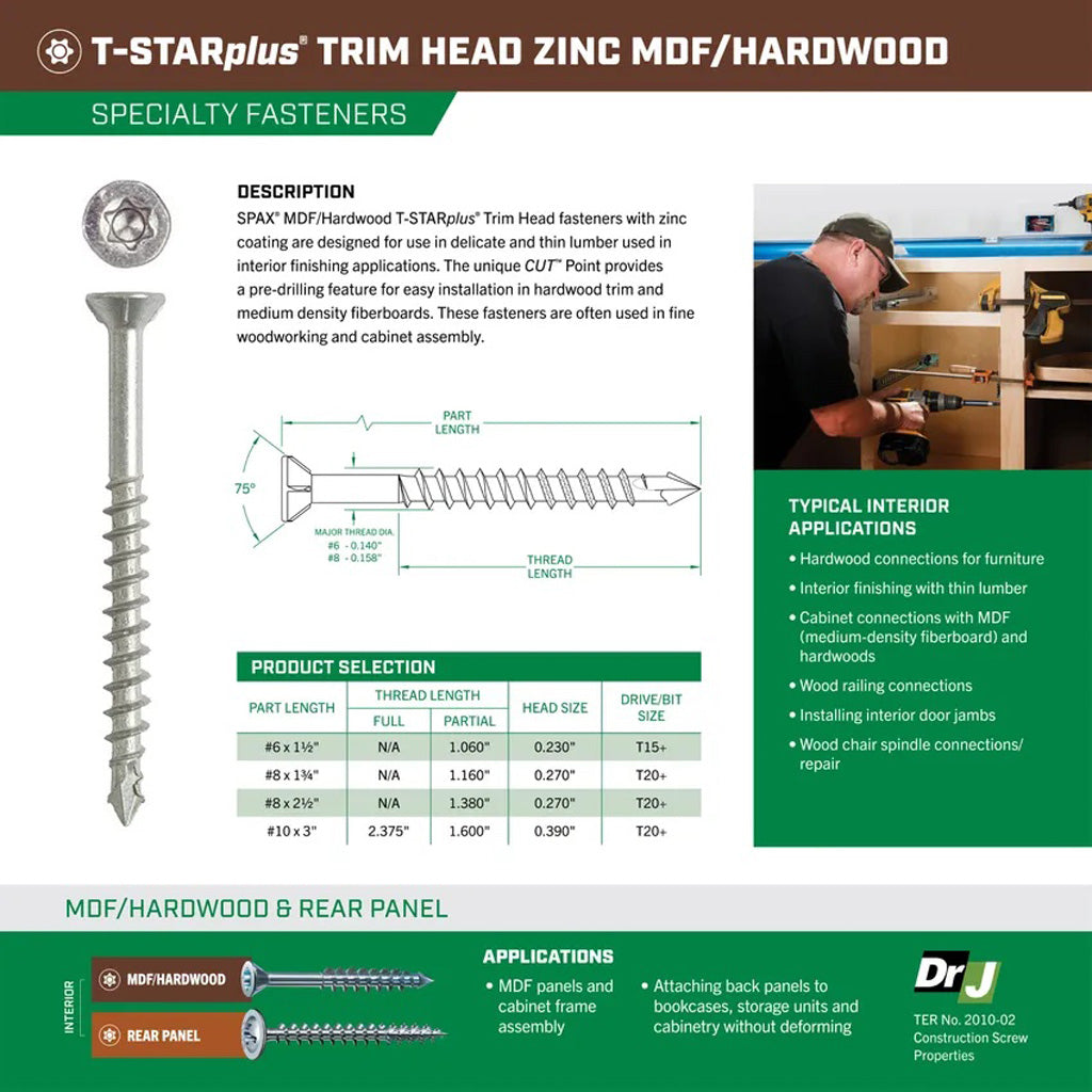 SPAX MDF/Hardwood T-Star Plus Trim Head Screws - CUT-Point, Partial Thread, Zinc