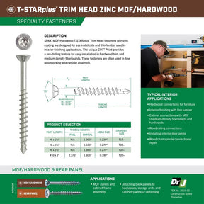 SPAX MDF/Hardwood T-Star Plus Trim Head Screws - CUT-Point, Partial Thread, Zinc