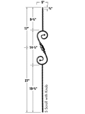 Iron Baluster 9047 - 9/16" Hammered Face - S Scroll With Knob