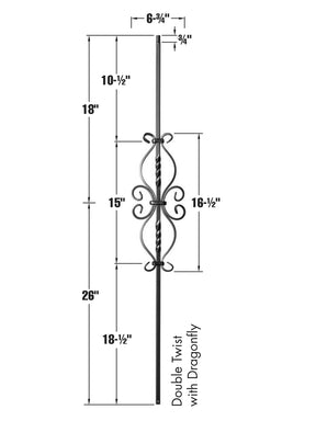 Iron Baluster 9057 - 1/2" Square - Double Twist w/ Dragonfly