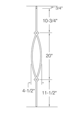 Iron Baluster T16 - 1/2" Square - Contemporary Pointed Oval