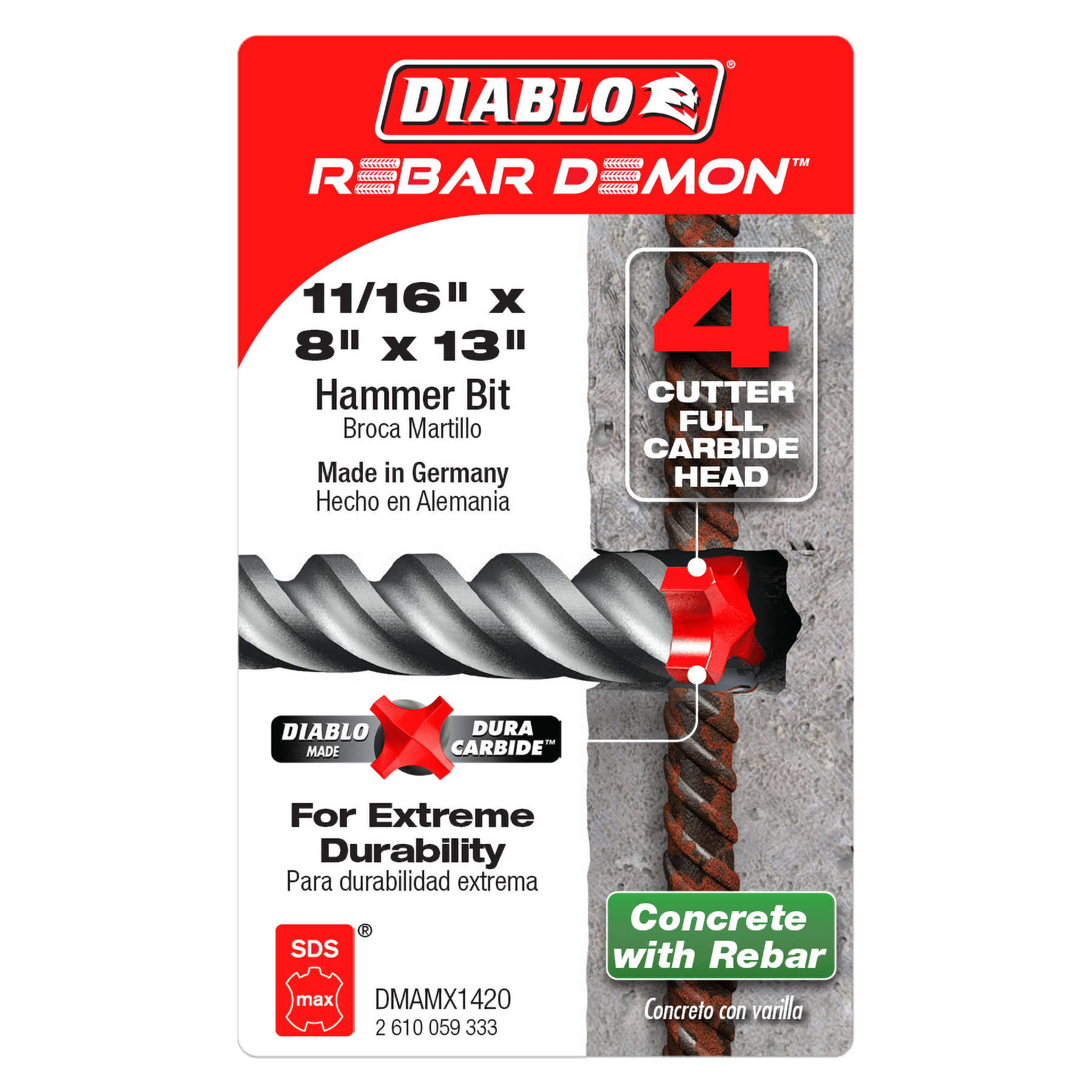 Diablo Rebar Demon™ SDS-Max 4-Cutter Full Carbide Head Hammer Drill Bit