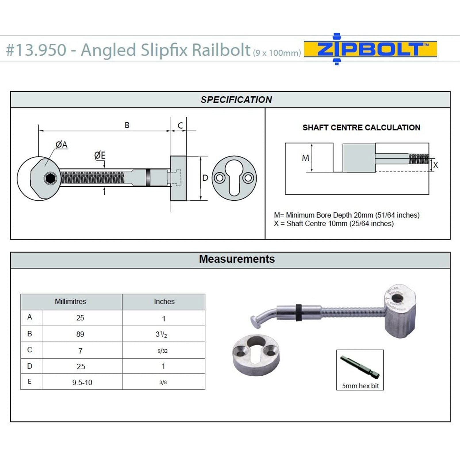 Zipbolt Angled Slipfix Railbolt